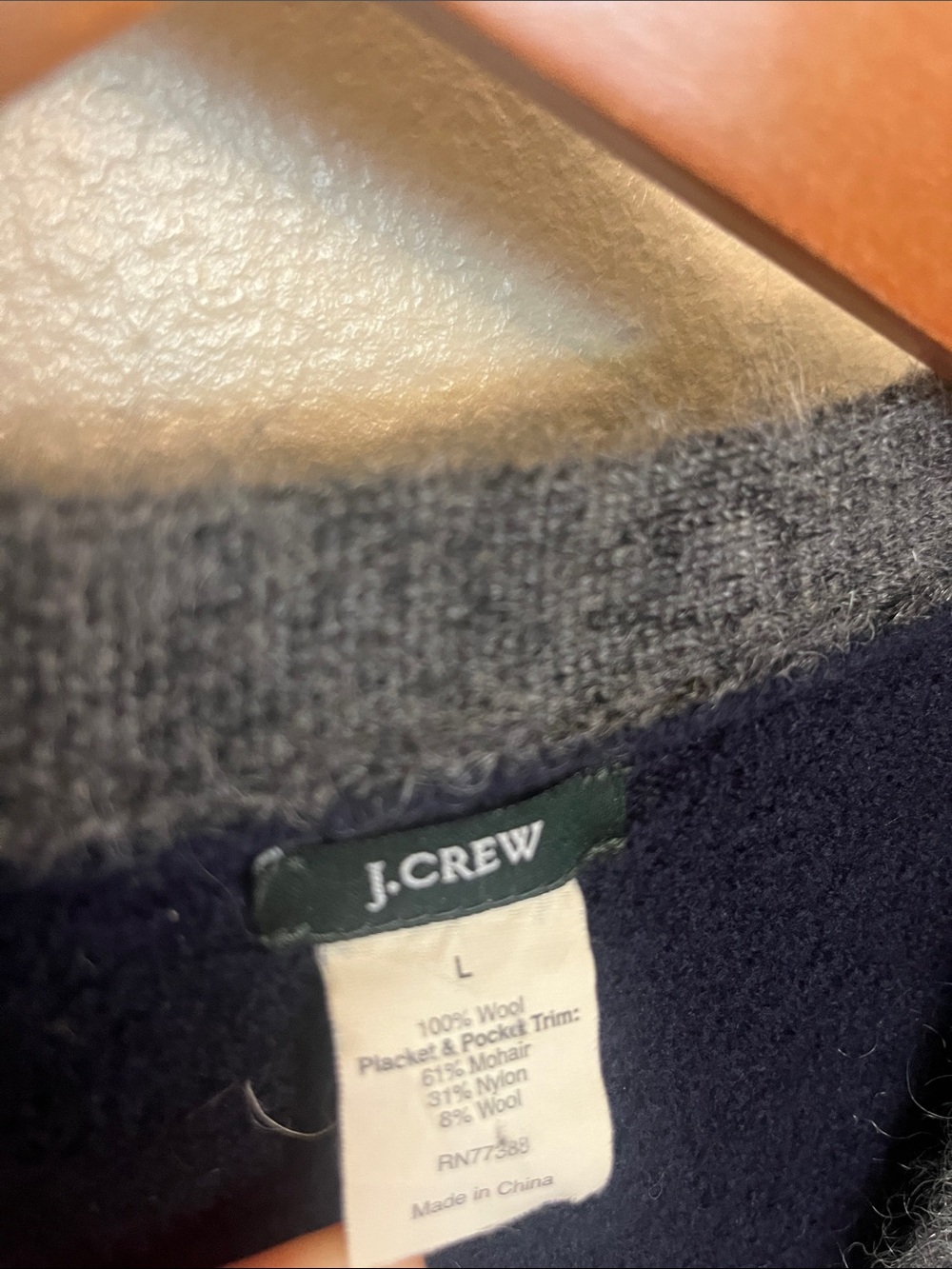 J. Crew Wool Navy Cardigan with Gray Mohair Trim L - Picture 2 of 5